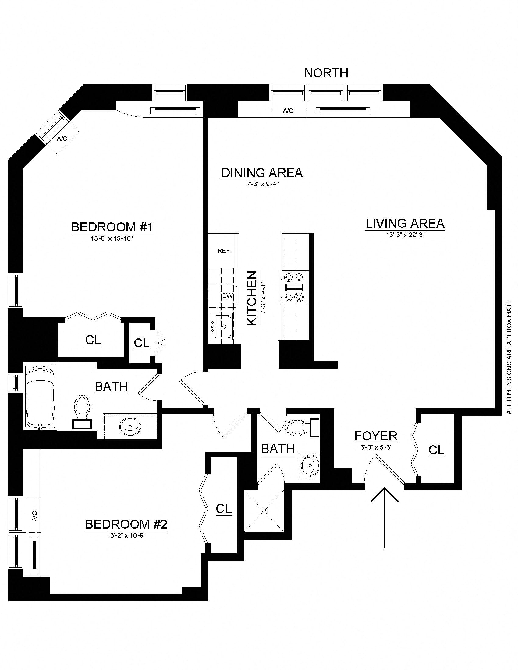 Floor plan for 2 beds, 2 baths, 1080 sqft